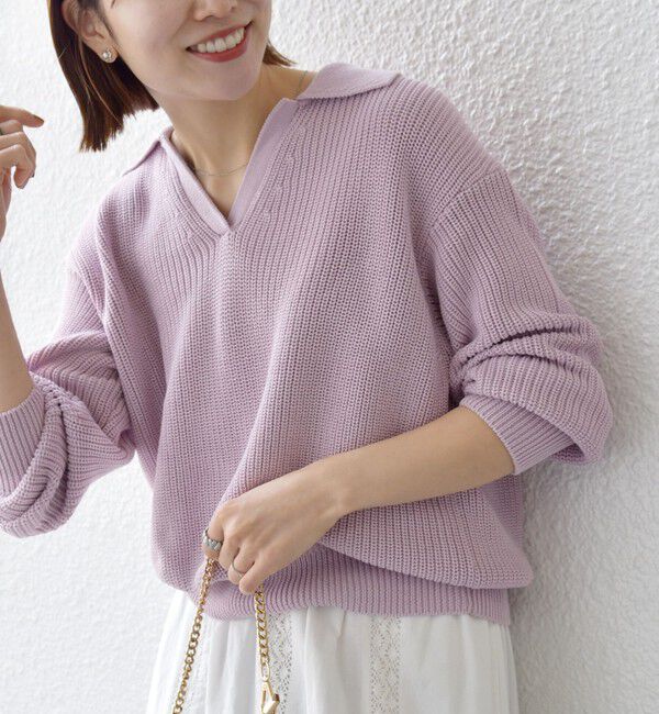 SHIPS any「SHIPS any:〈手洗い可能〉コットン ミックス スキッパー ポロ ニット プルオーバー」|ニット・セーター|ラベンダー