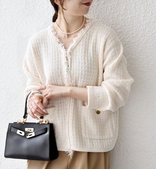 SHIPS any「SHIPS any:〈手洗い可能〉ツイード ライク フリンジ ニット ジャケット カーディガン」|カーディガン|オフホワイト