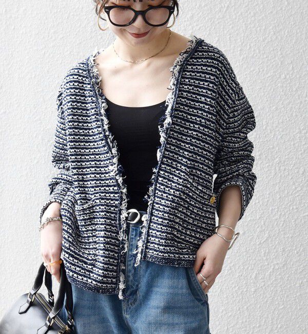 SHIPS any「SHIPS any:〈手洗い可能〉ツイード ライク フリンジ ニット ジャケット カーディガン」|カーディガン|ネイビー