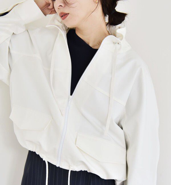 quaranciel「quaranciel:〈手洗い可能〉ギャザー スタンドカラー ドロスト ショート ブルゾン」|ブルゾン・スタジャン|