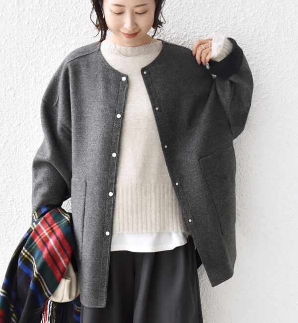 SHIPS for women「セミ 梳毛 配色 リバー ノーカラー コート」|ノーカラーコート|