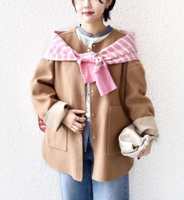 SHIPS for women「セミ 梳毛 配色 リバー ノーカラー コート」|ノーカラーコート|キャメル