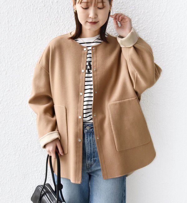 SHIPS for women「セミ 梳毛 配色 リバー ノーカラー コート」|ノーカラーコート|