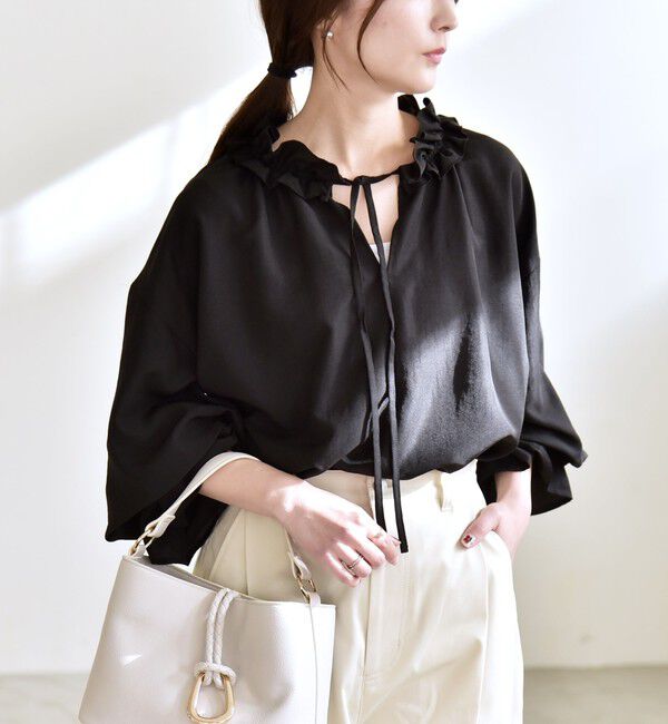 quaranciel「quaranciel:〈洗濯機可能〉フリルカラー リボン ギャザースリーブ ブラウス」|シャツ・ブラウス|