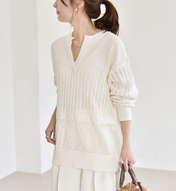 quaranciel「quaranciel:〈手洗い可能〉透かし編み スキッパー ニット プルオーバー」|ニット・セーター|