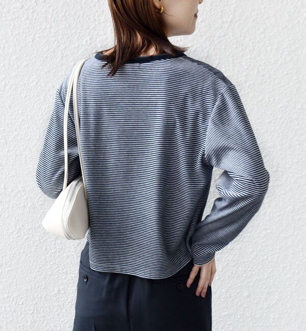 SHIPS for women「〈手洗い可能〉ポリエステル ベロア ボーダー パール モチーフ ボタン カーディガン」|カーディガン|