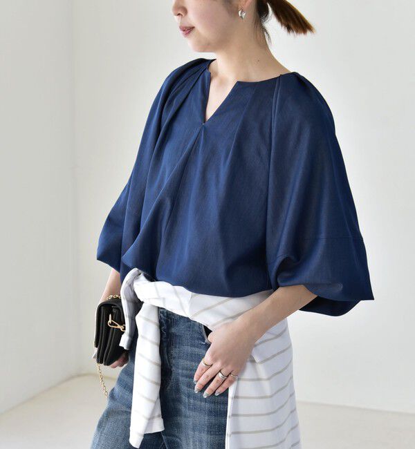 quaranciel「quaranciel:〈洗濯機可能〉ツイル スキッパー ボリューム ブラウス」|シャツ・ブラウス|ブルー
