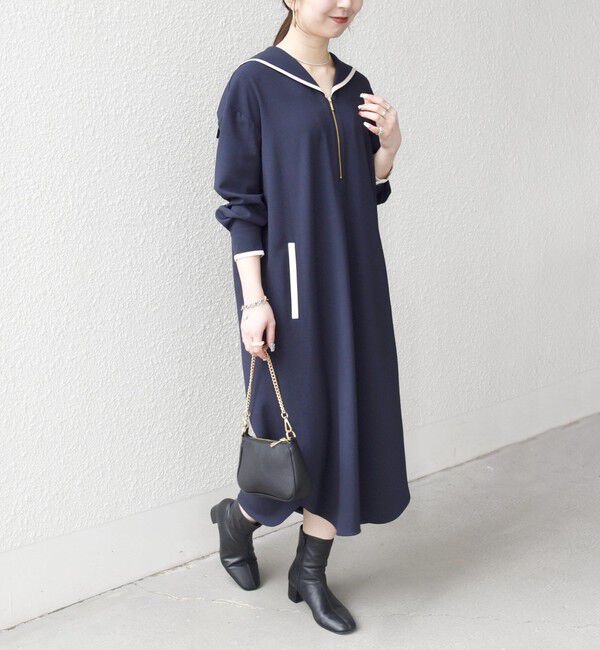 SHIPS any「SHIPS any:〈洗濯機可能〉セーラーカラー 配色 ジップ ワンピース」|ワンピース|ネイビー