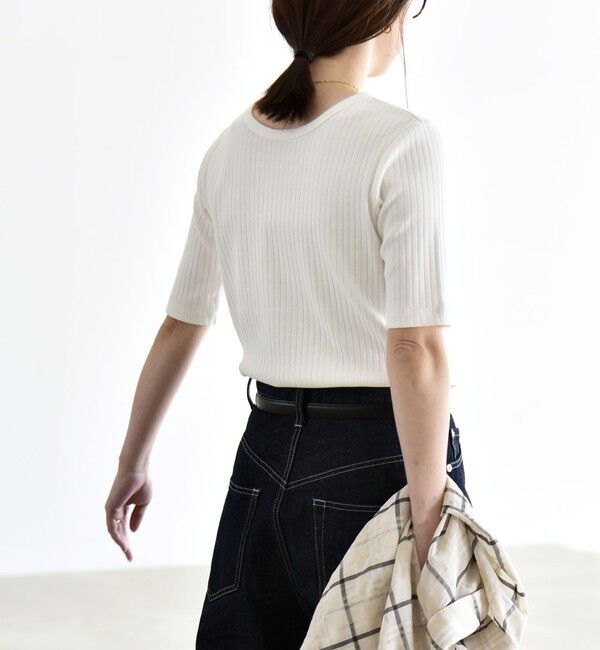 quaranciel「quaranciel:〈洗濯機可能〉テレコ リブ クルー ヘンリー 2way ハーフスリーブ TEE」|Tシャツ・カットソー|