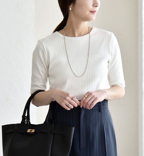 quaranciel「quaranciel:〈洗濯機可能〉テレコ リブ クルー ヘンリー 2way ハーフスリーブ TEE」|Tシャツ・カットソー|