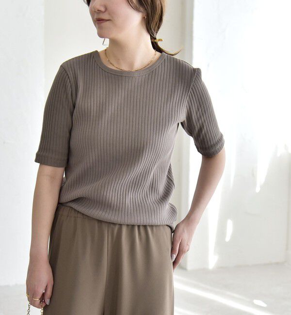 quaranciel「quaranciel:〈洗濯機可能〉テレコ リブ クルー ヘンリー 2way ハーフスリーブ TEE」|Tシャツ・カットソー|