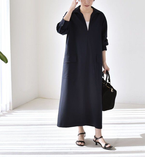 quaranciel「quaranciel:〈洗濯機可能〉Vネック スキッパー ロング シャツ ワンピース」|ワンピース|