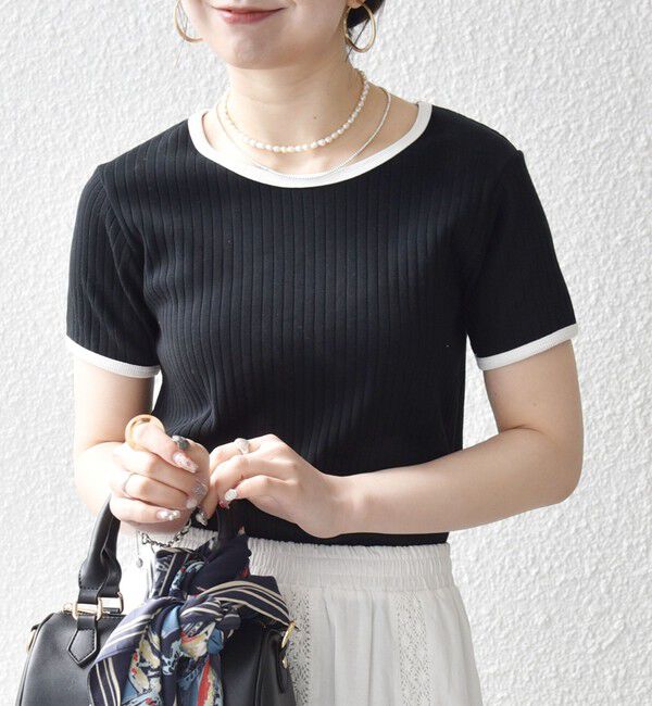 SHIPS any「SHIPS any:〈洗濯機可能〉テレコ リブ バイカラー ショートスリーブ TEE」|Tシャツ・カットソー|ブラック