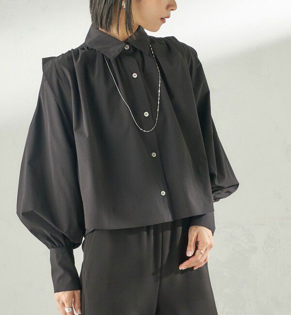SHIPS for women「堀田茜&times;SHIPS:〈接触冷感/撥水/洗濯機可能〉TEXBRID(R) ギャザー ブラウス」|シャツ・ブラウス|ブラック