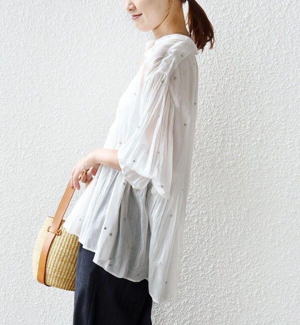 SHIPS for women「《予約》〈手洗い可能〉コットン オーガンジー リーフ 刺繍 袖 フリル ブラウス」|シャツ・ブラウス|