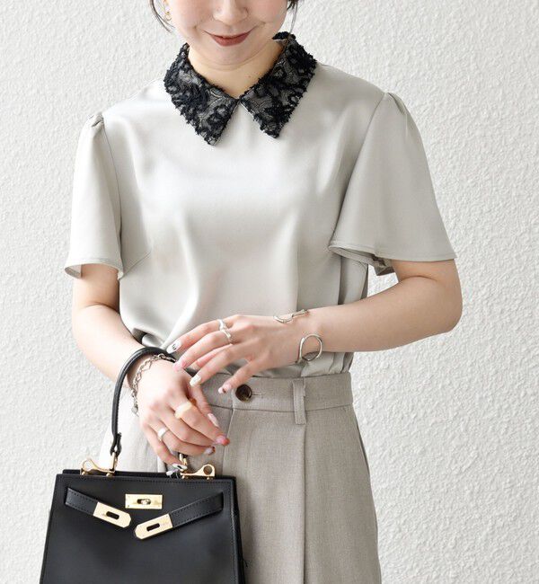 SHIPS any「《予約》SHIPS any:〈洗濯機可能〉サテン レースカラー ショートスリーブ ブラウス」|シャツ・ブラウス|ライトグレー