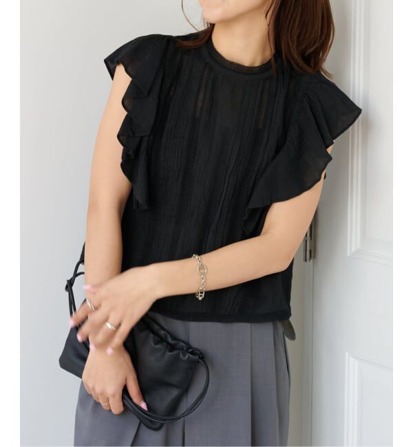 OUTDOOR PRODUCTS Usual Things「≪予約≫コットンレーストリムラッフルブラウス」|シャツ・ブラウス|ブラック