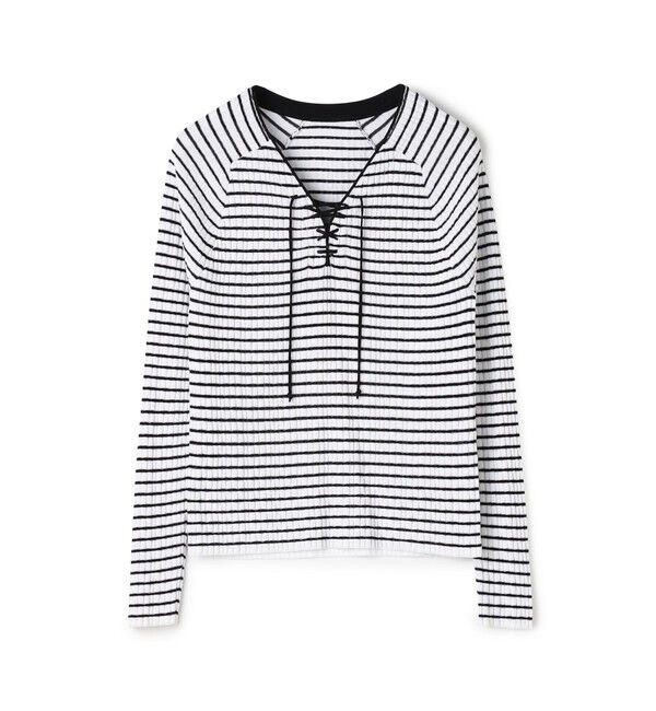 Ballsey「ランダムリブボーダー レースアッププルオーバー」|ニット・セーター|12 ホワイト系