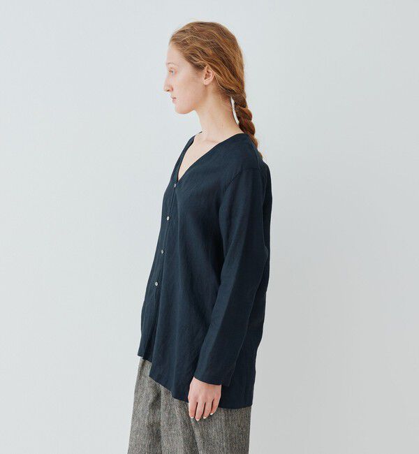 GALERIE VIE「リネンポプリン サイドスリットカラーレスシャツ」|シャツ・ブラウス|