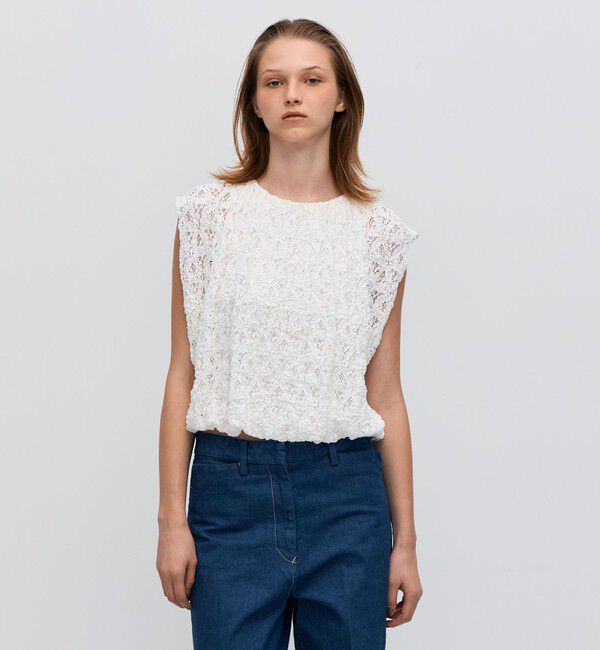 BACCA「ストレッチレース ギャザーノースリーブプルオーバー」|Tシャツ・カットソー|