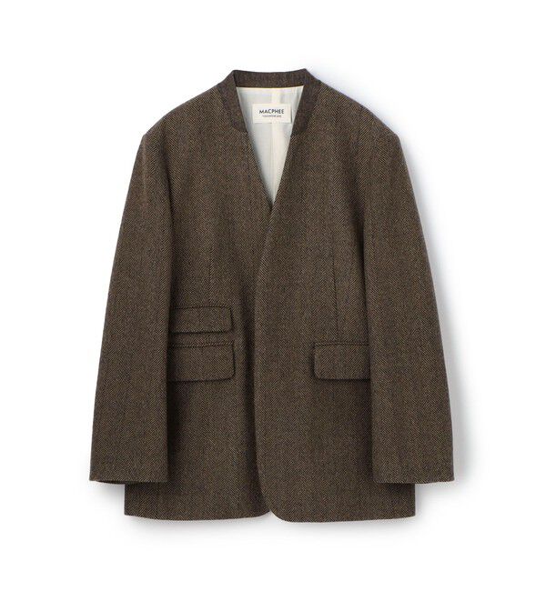 MACPHEE「アルパカヘリンボーン カラーレスジャケット」|ノーカラージャケット|48 ダークブラウン系