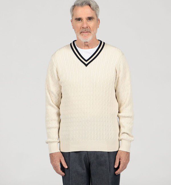 TOMORROWLAND MENS「コットンシルク Vネックプルオーバー ケーブルニット」|ニット・セーター|