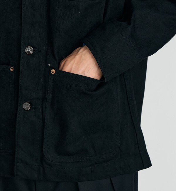 Edition「ブラックデニム レザーカラーカバーオール」|ブルゾン・スタジャン|