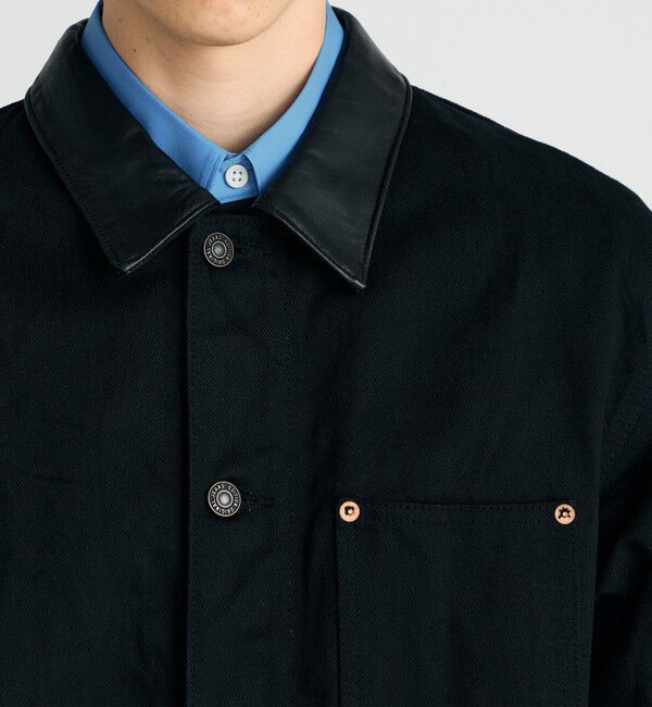 Edition「ブラックデニム レザーカラーカバーオール」|ブルゾン・スタジャン|