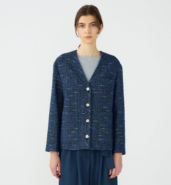 Ballsey「エアリーファンシーツイード Vカラージャケット」|ノーカラージャケット|
