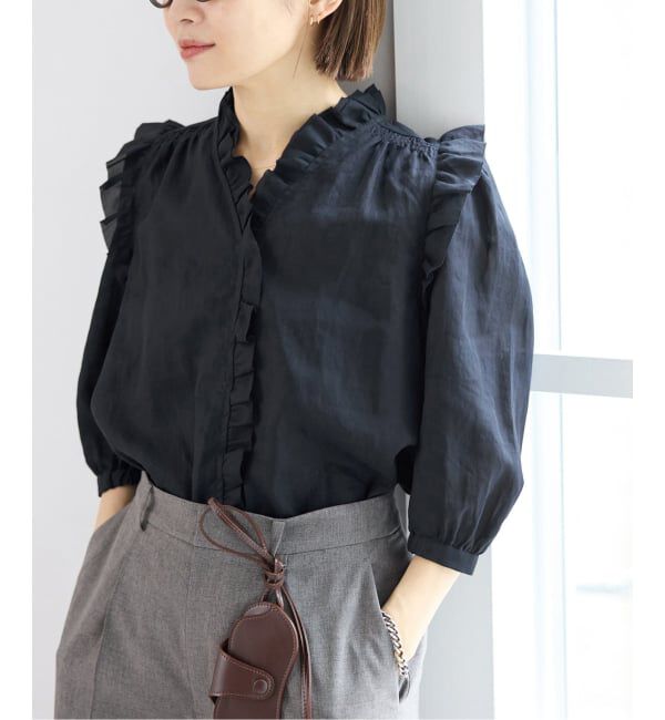 IENA「《予約/一部店舗限定》 コットンシュリンク7分袖ブラウス」|シャツ・ブラウス|ネイビー