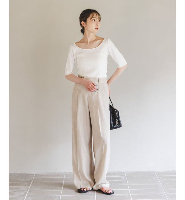 NOBLE「【洗える】14Gデコルテハーフスリーブニット」|ニット・セーター|