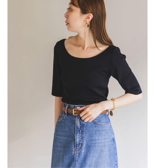 NOBLE「【洗える】14Gデコルテハーフスリーブニット」|ニット・セーター|