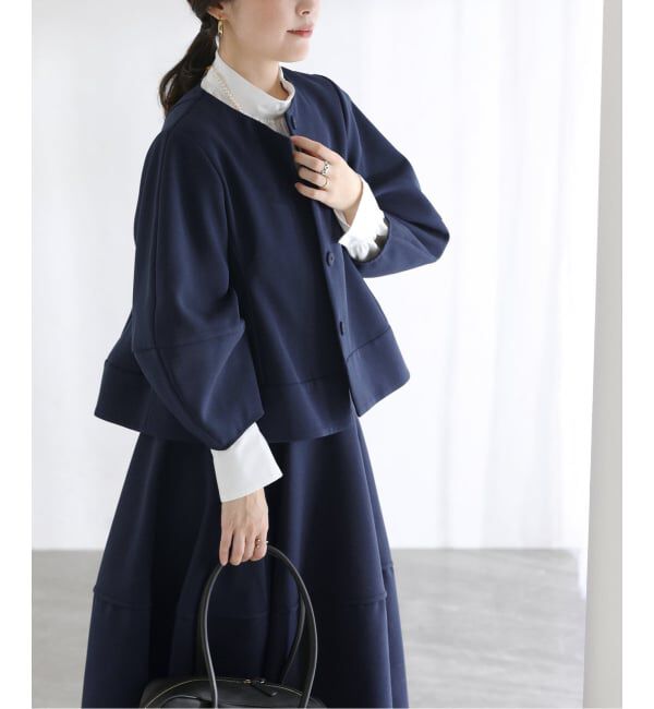  「【洗える】ボンディングショートペプラムジャケット」|ノーカラージャケット|