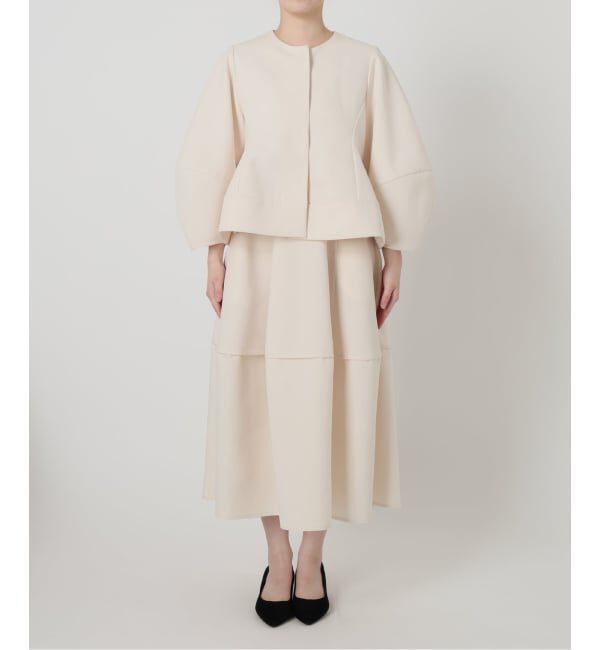  「【洗える】ボンディングショートペプラムジャケット」|ノーカラージャケット|