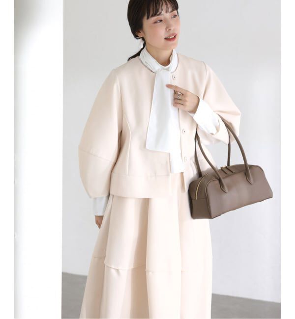  「【洗える】ボンディングショートペプラムジャケット」|ノーカラージャケット|