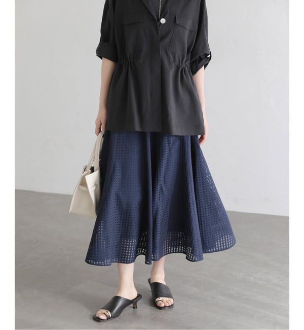  「【洗える】シアーチェックパネルスカート」|スカート|ネイビー