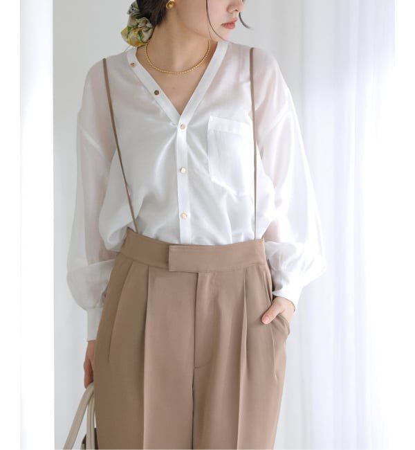  「【洗える】Vネックシアーシャツ」|シャツ・ブラウス|ホワイト