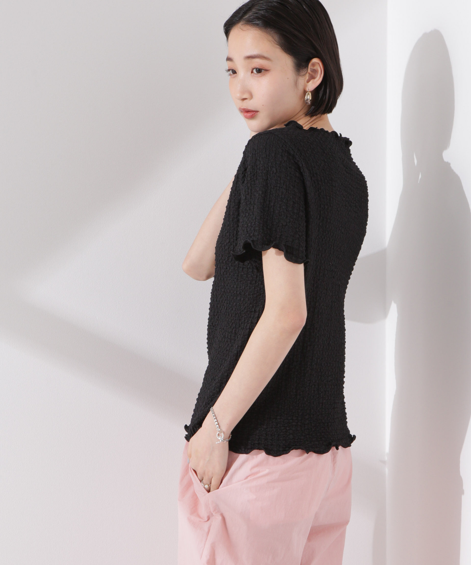 nano･universe「シャーリングジャガード半袖ナロートップス (セットアップ可)」|Tシャツ・カットソー|