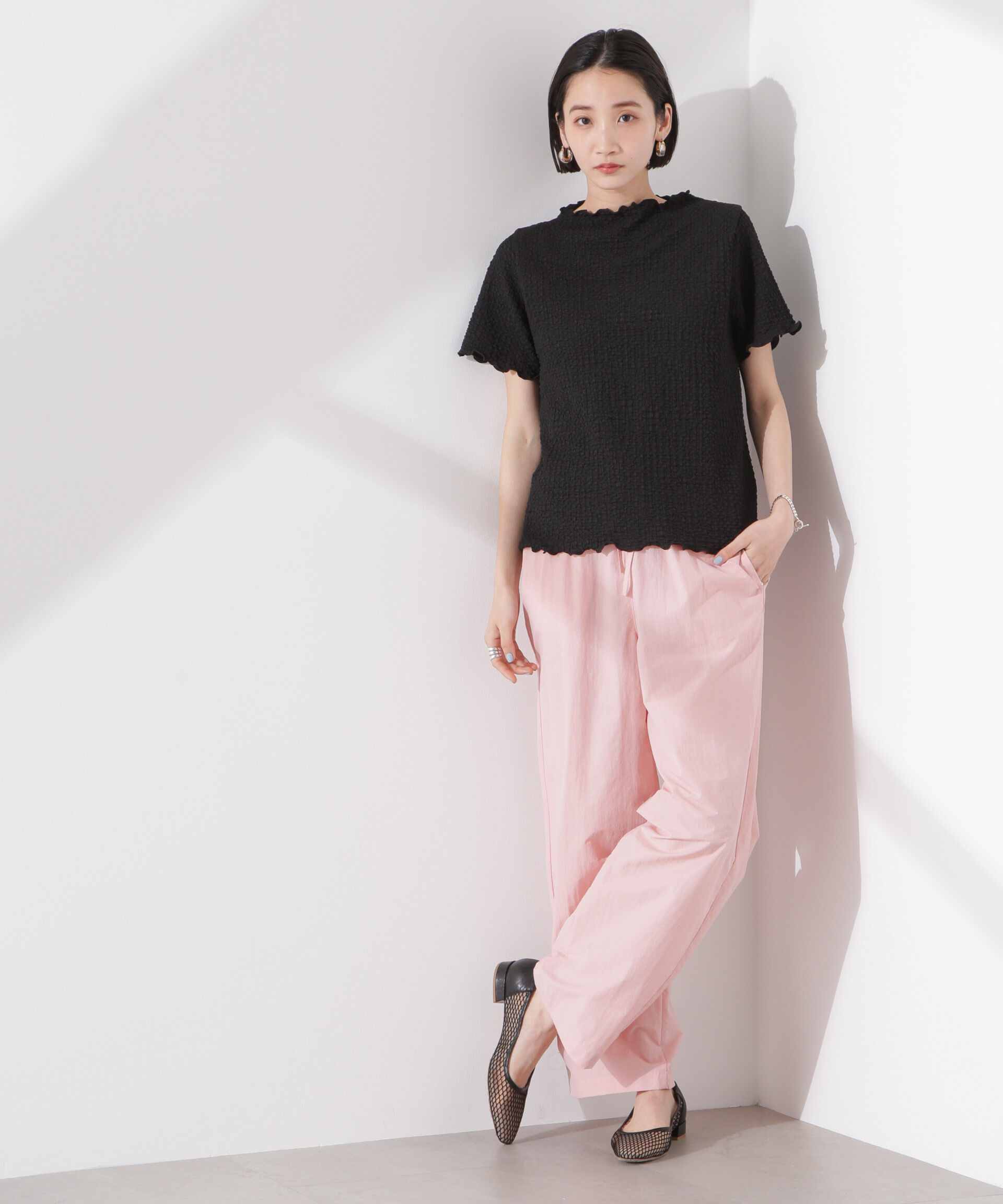 nano･universe「シャーリングジャガード半袖ナロートップス (セットアップ可)」|Tシャツ・カットソー|