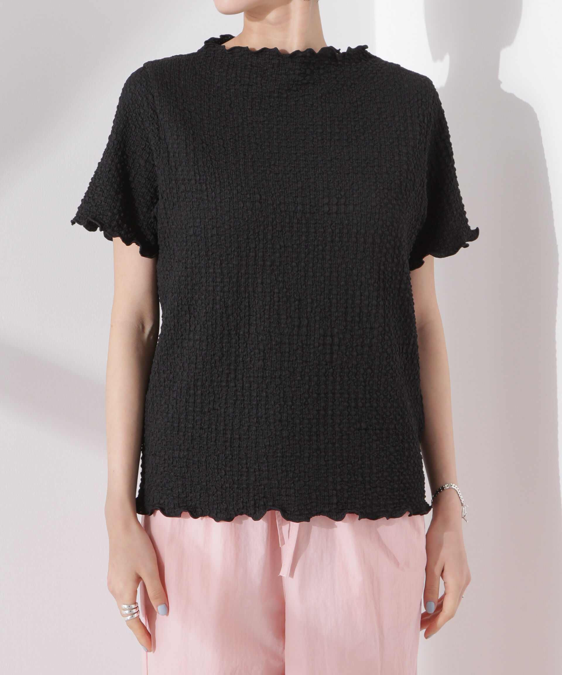 nano･universe「シャーリングジャガード半袖ナロートップス (セットアップ可)」|Tシャツ・カットソー|