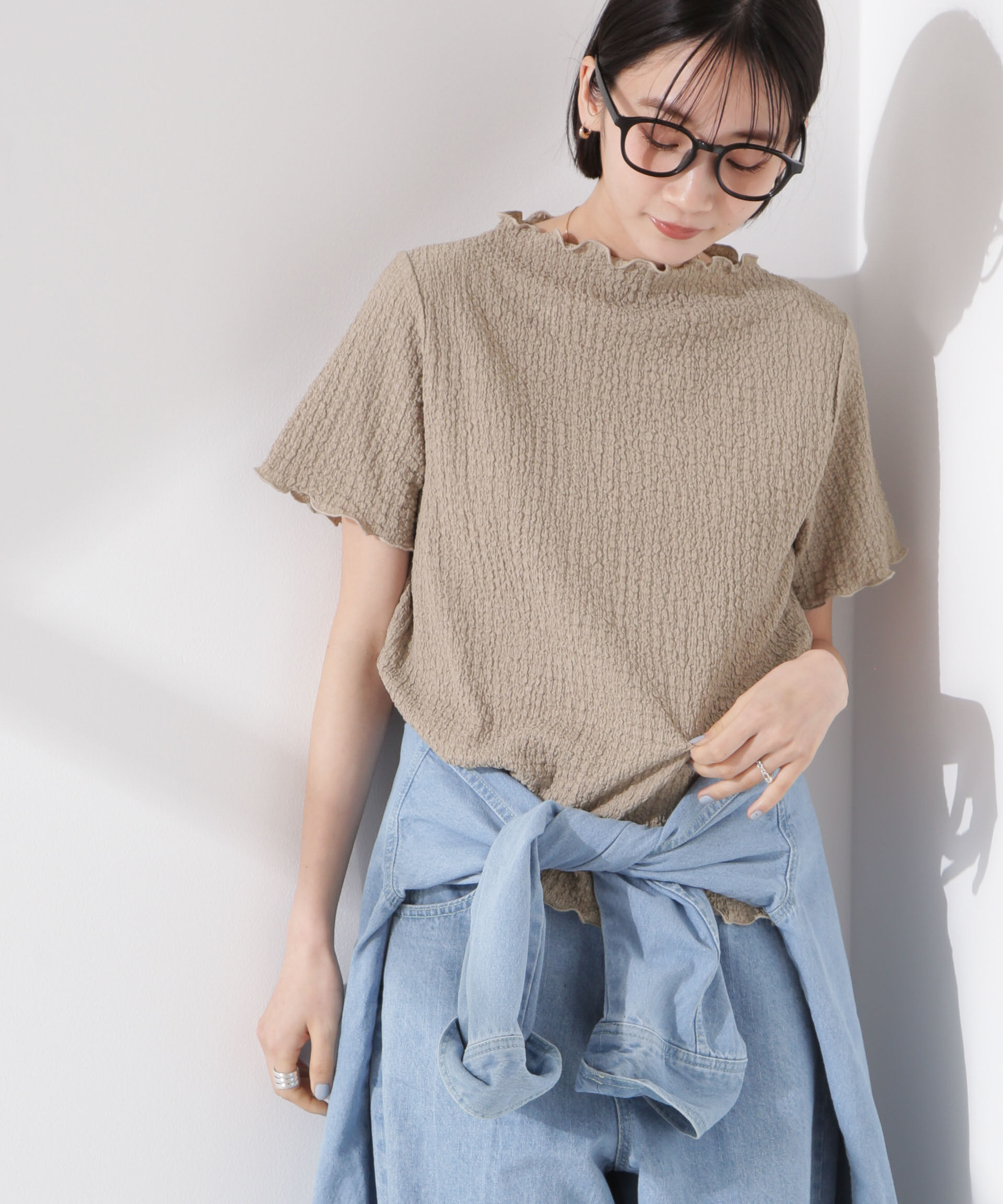 nano･universe「シャーリングジャガード半袖ナロートップス (セットアップ可)」|Tシャツ・カットソー|