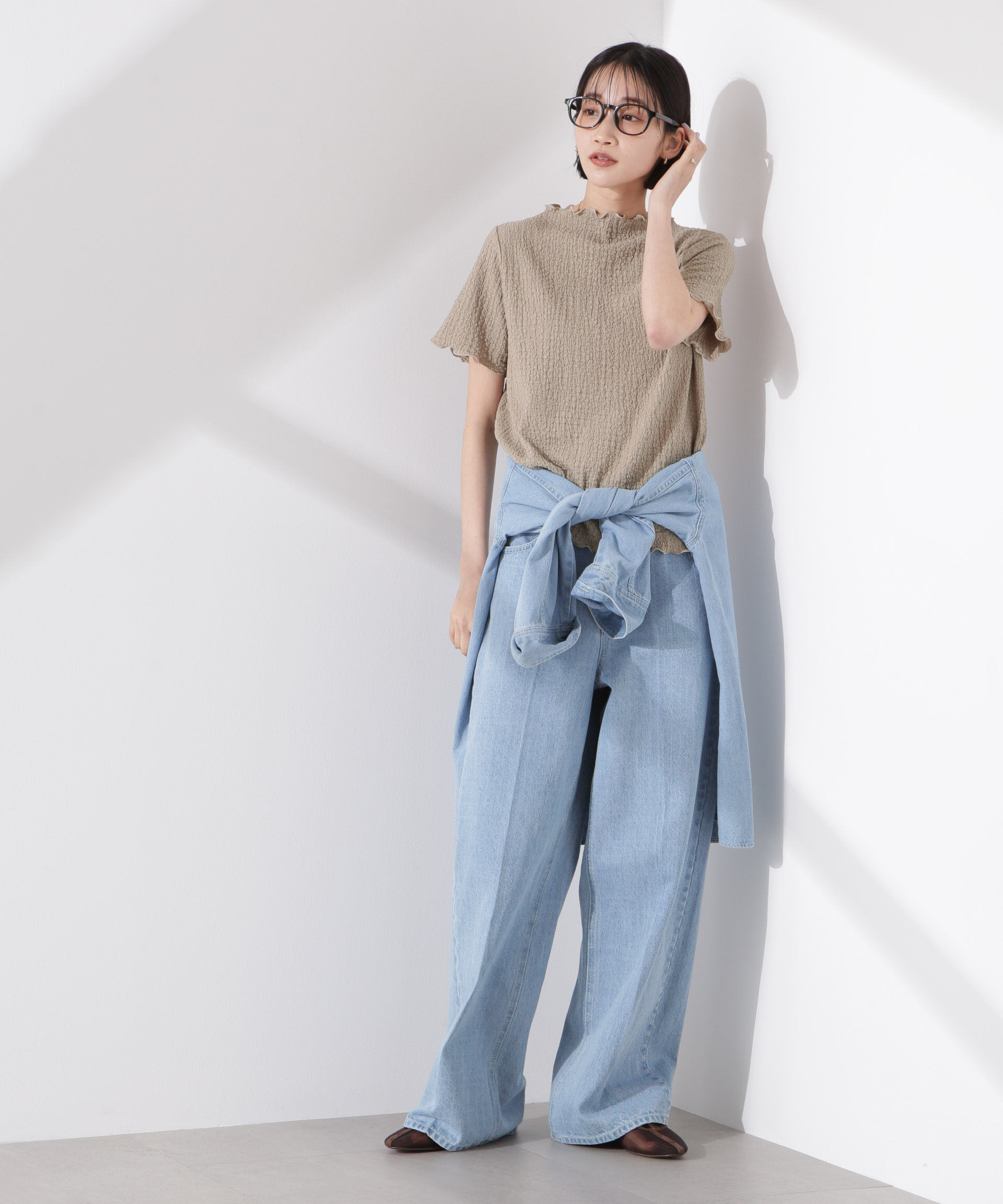 nano･universe「シャーリングジャガード半袖ナロートップス (セットアップ可)」|Tシャツ・カットソー|