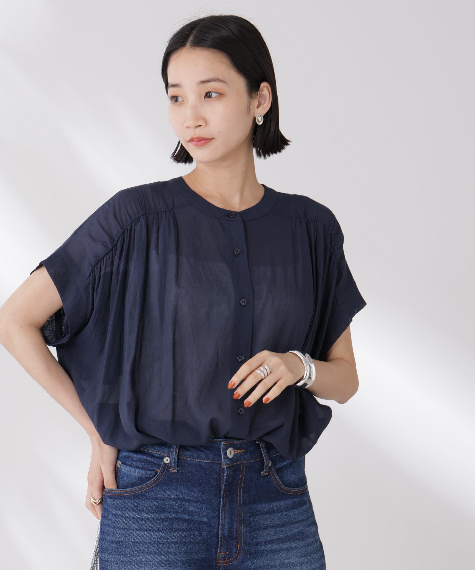 nano･universe「バックフリルギャザーシアーブラウス(セットアップ可)」|シャツ・ブラウス|D.ネイビー1
