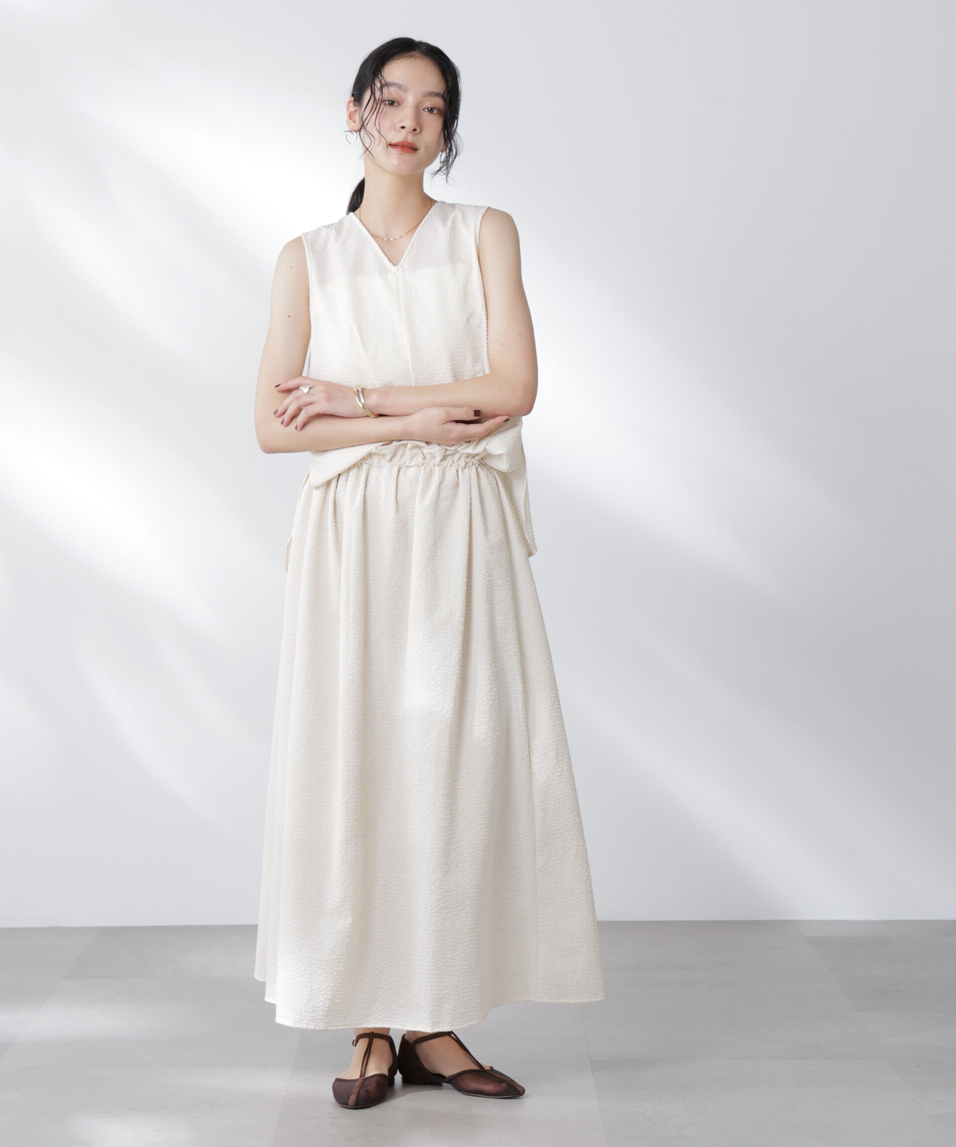 nano･universe「サッカーブラウス&times;スカートセットアップ」|ワンピース|オフホワイト1