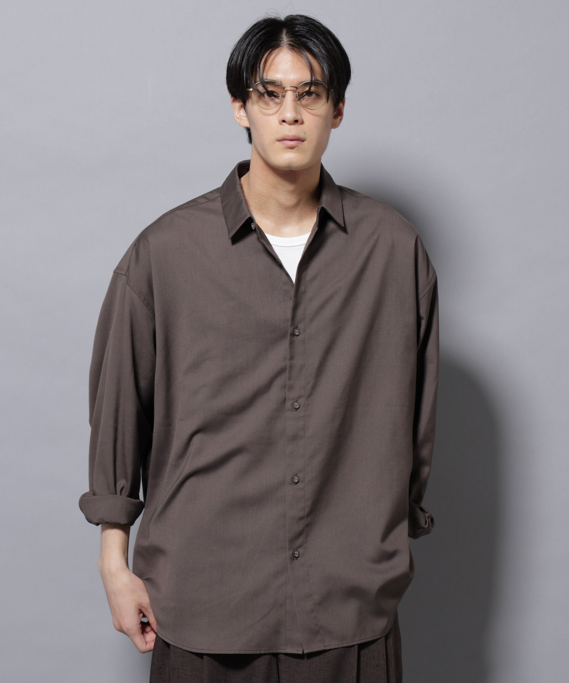 nano･universe「ビッグドレープシャツ 長袖」|シャツ・ブラウス|ブラウン