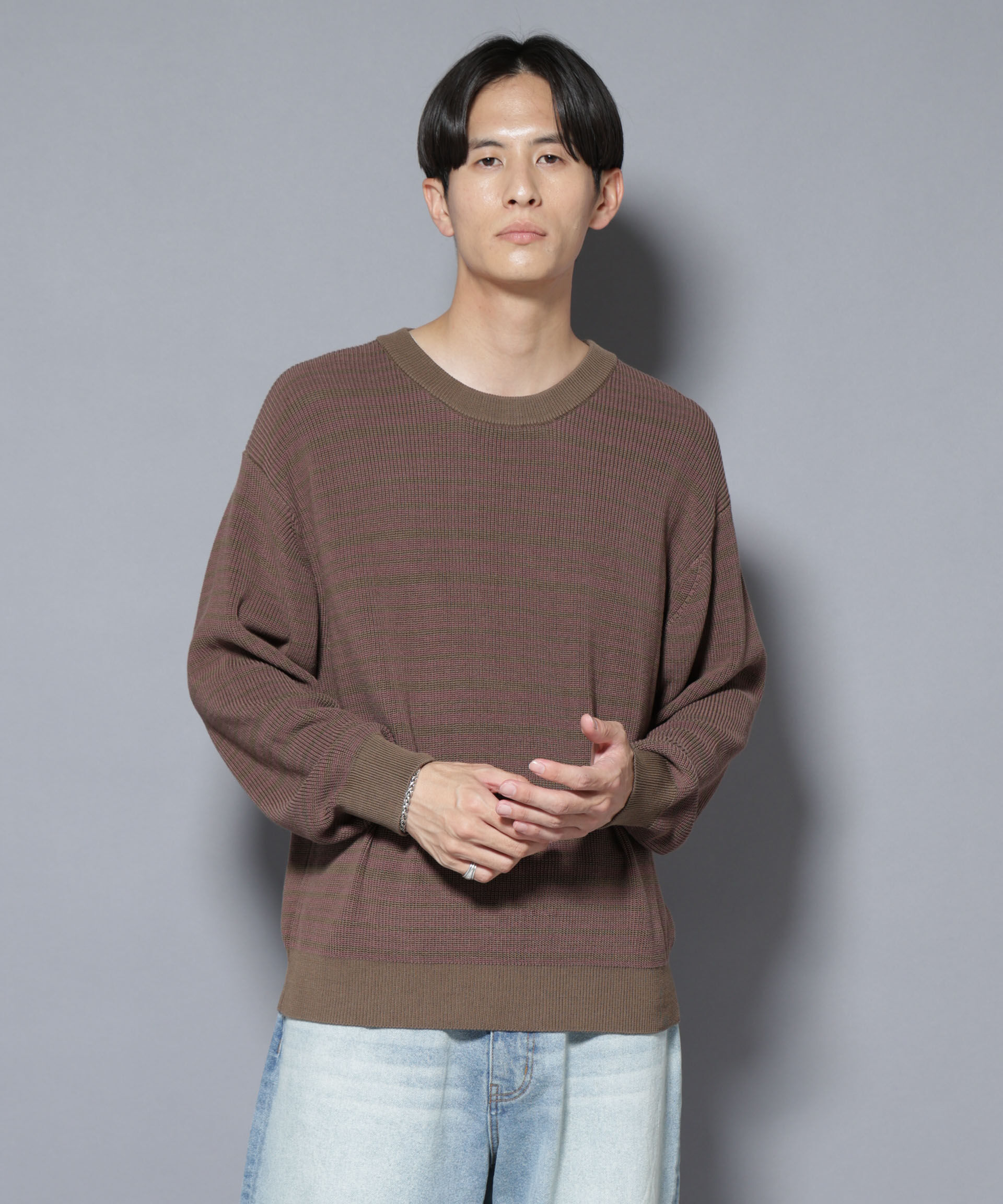 nano･universe「マーセライズコットン 畦ボーダークルーネックニット」|ニット・セーター|パターン1