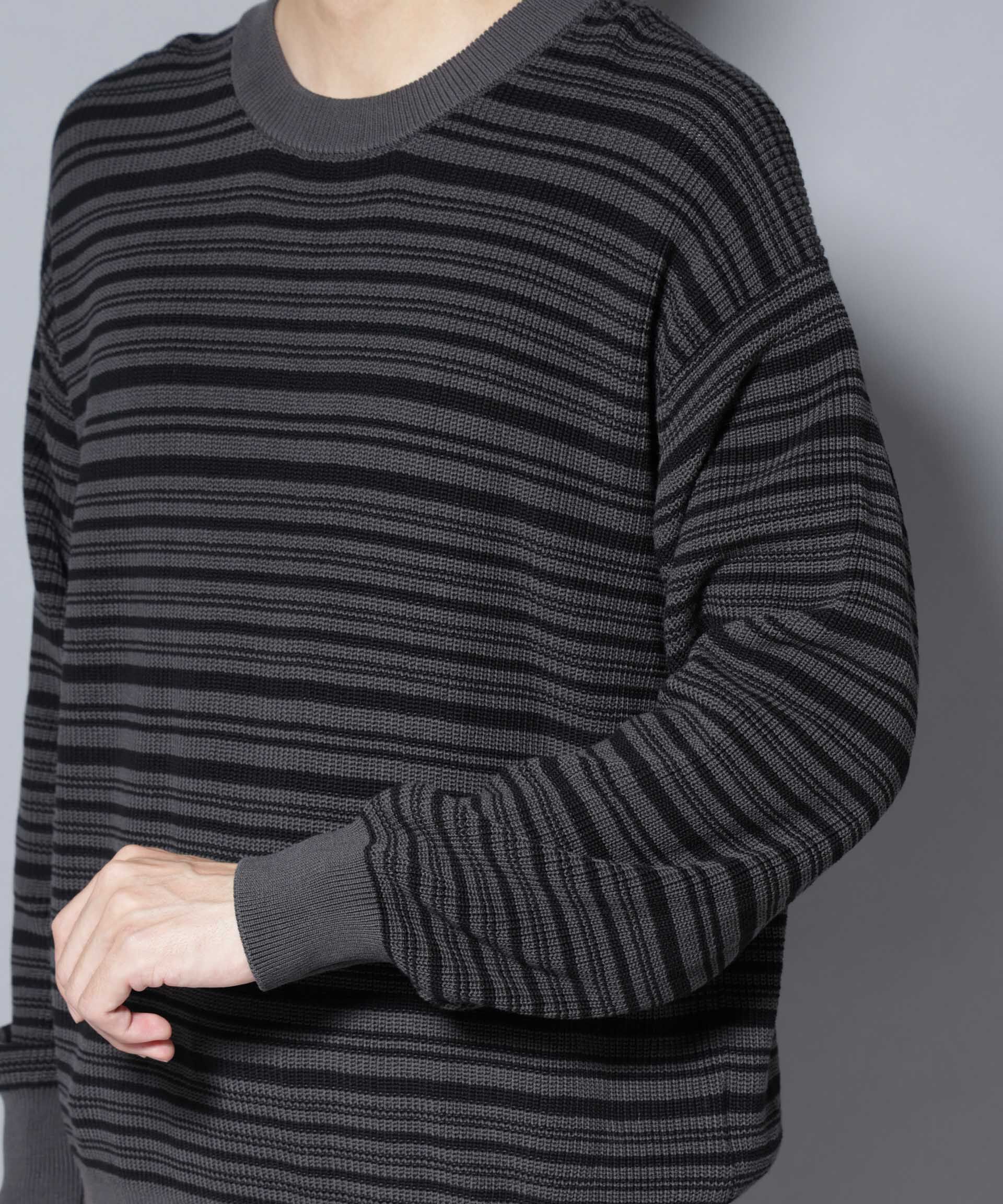 nano･universe「マーセライズコットン 畦ボーダークルーネックニット」|ニット・セーター|