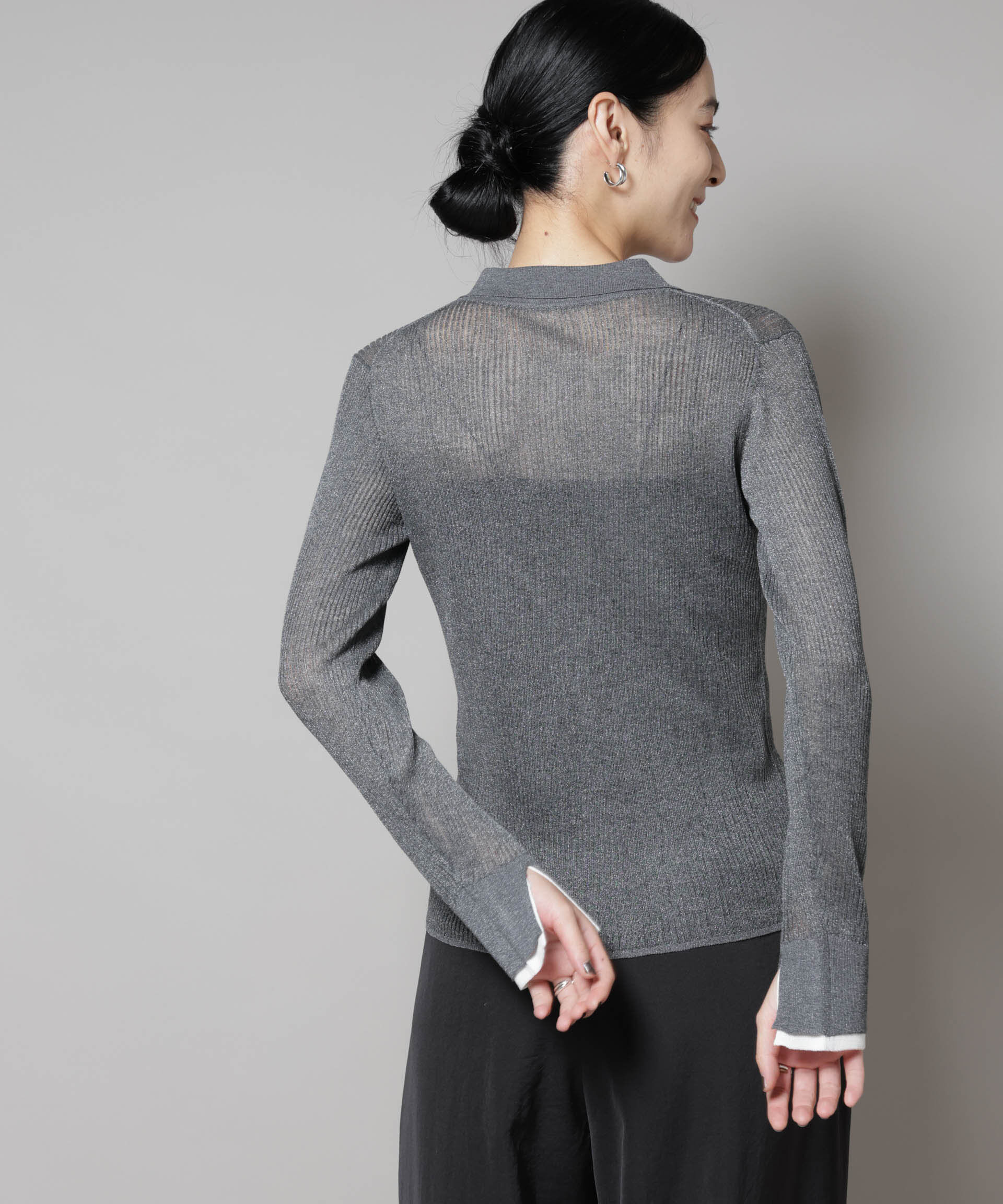 nano･universe「バイカラーシアーリブ衿付きカーディガン」|ニット・セーター|