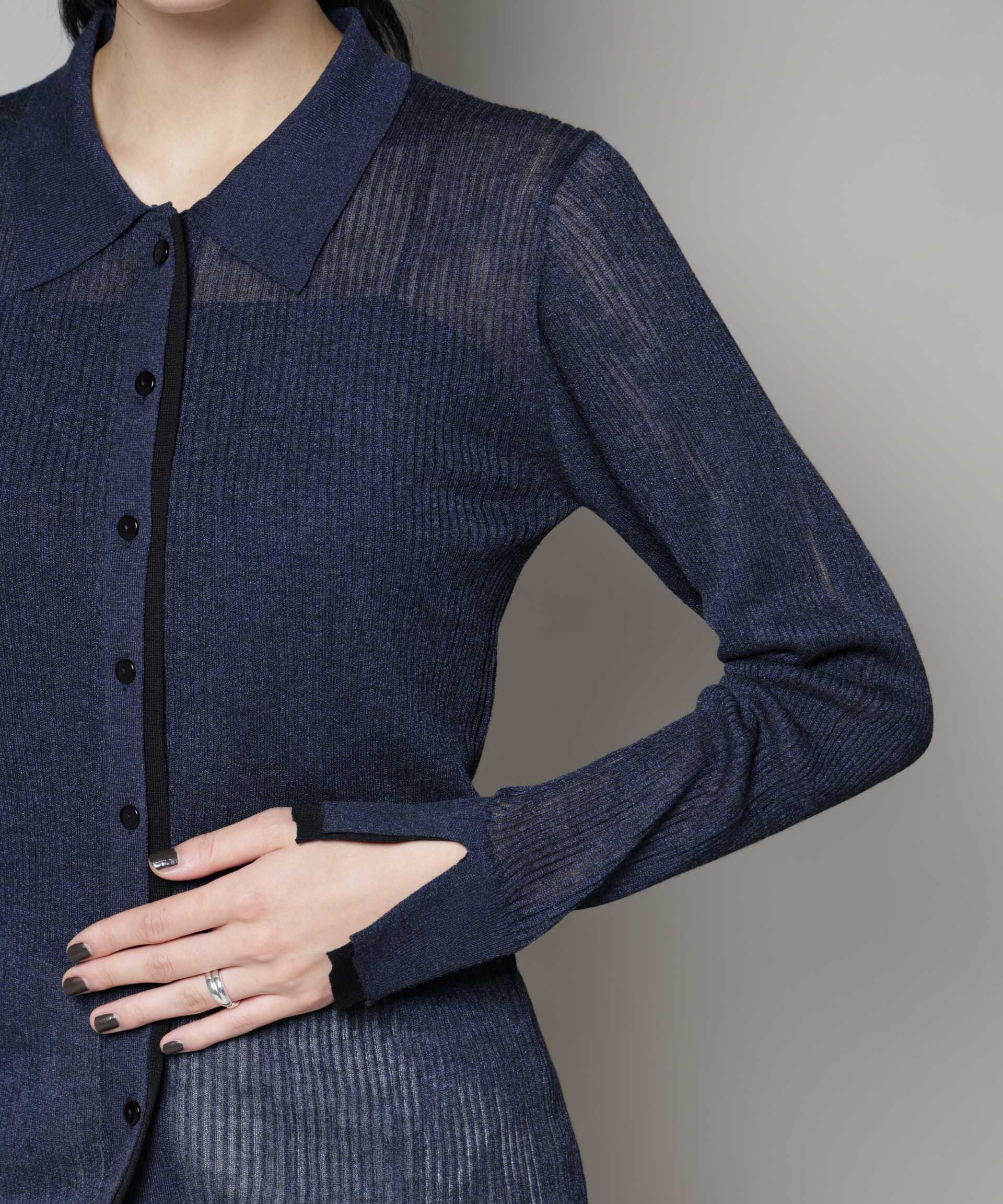 nano･universe「バイカラーシアーリブ衿付きカーディガン」|ニット・セーター|