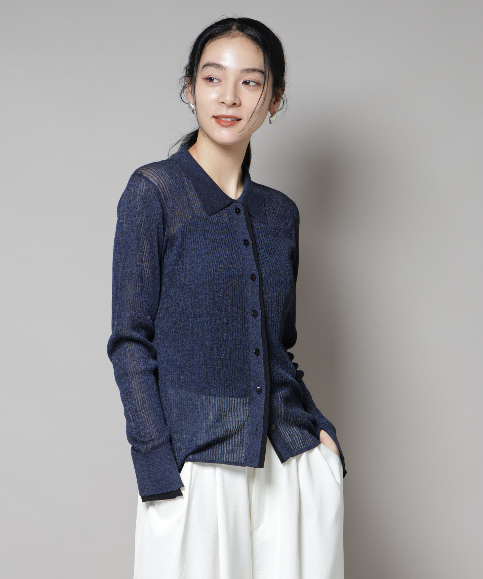 nano･universe「バイカラーシアーリブ衿付きカーディガン」|ニット・セーター|